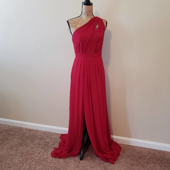 David's Bridal Dresses & Skirts - Davids Bridal NWT long one shoulder crinkle chiffon bridesmaid dress apple red 6